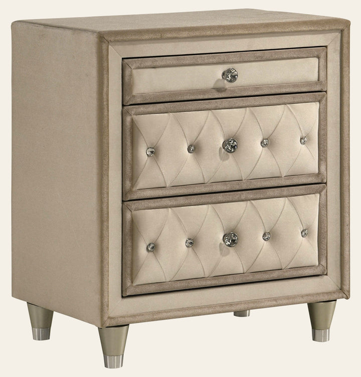 Antonella Upholstered 3-drawer Nightstand Ivory and Camel - What's New Furniture Portland