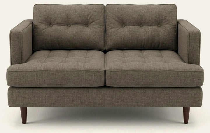 Urban Loveseat in Bennett Praline warm grey-taupe woven fabric - button-tufted mid-century - Whats New Furniture Portland OR