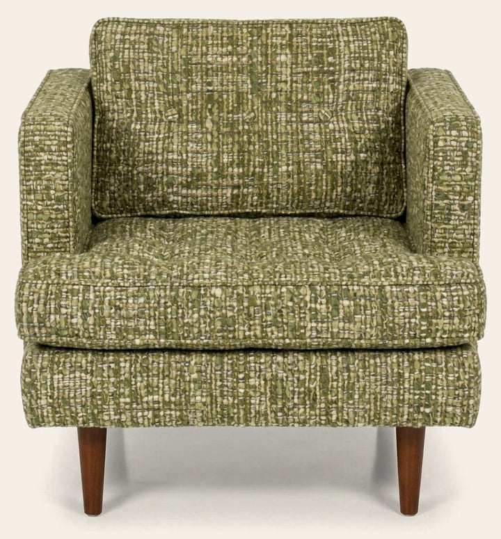Urban Chair in Noriko Herb green and cream tweed boucle fabric - button-tufted mid-century - Whats New Furniture Portland OR