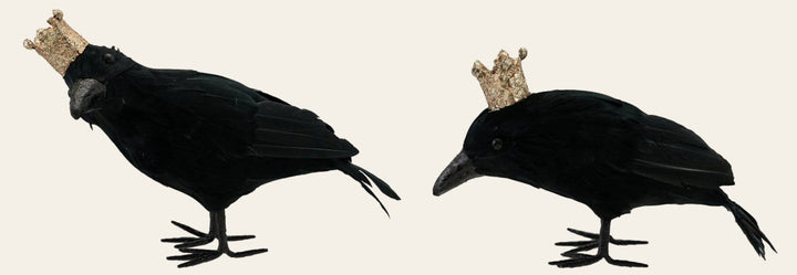 Black feathered crow with gold glitter crown assorted front view - Creative Co-Op - Whats New Furniture Portland OR
