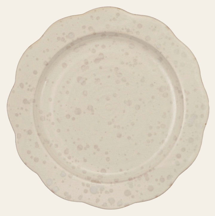 10" Stoneware Scalloped Plate White Speckled - front view of the scalloped plate - What's New Furniture Portland OR