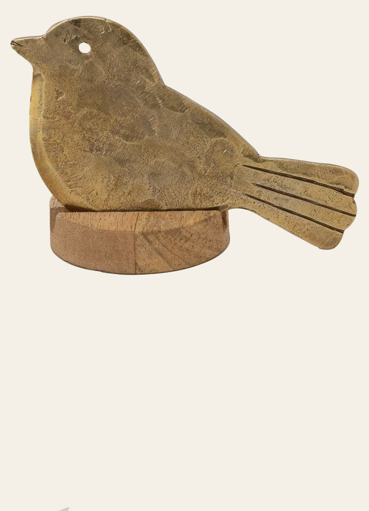 Hand-Forged Bird Cheese Knife with Mango Wood Stand - brass bird cheese knife resting - What's New Furniture Portland OR