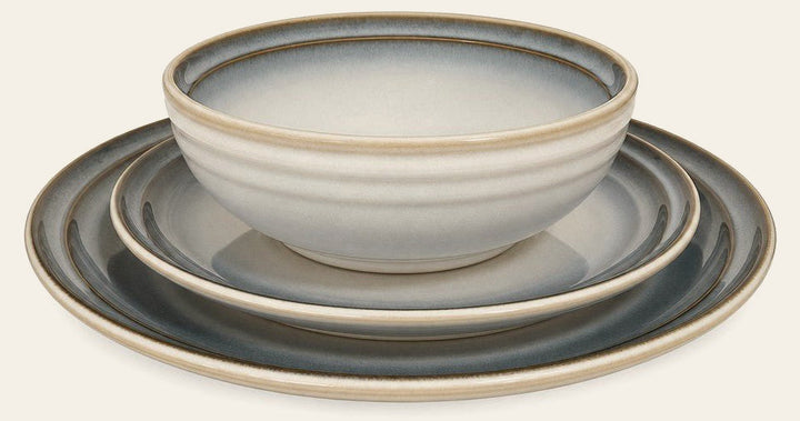 Blue-gray stoneware dinnerware set with bowls, salad plates, and dinner plates for four - Whats New Furniture Portland OR