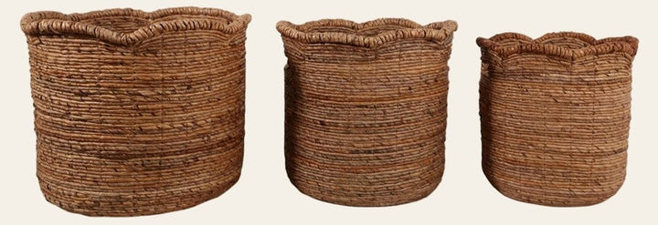 Three natural scallop-edge woven round baskets - Whats New Furniture Portland OR