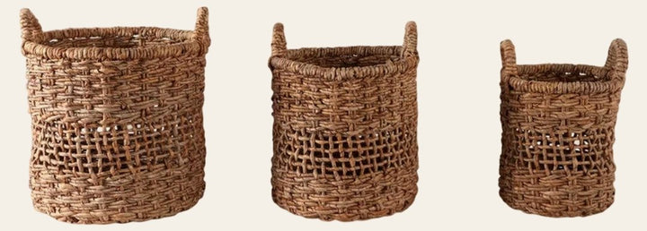 Three natural open-weave banana-leaf baskets - Whats New Furniture Portland OR