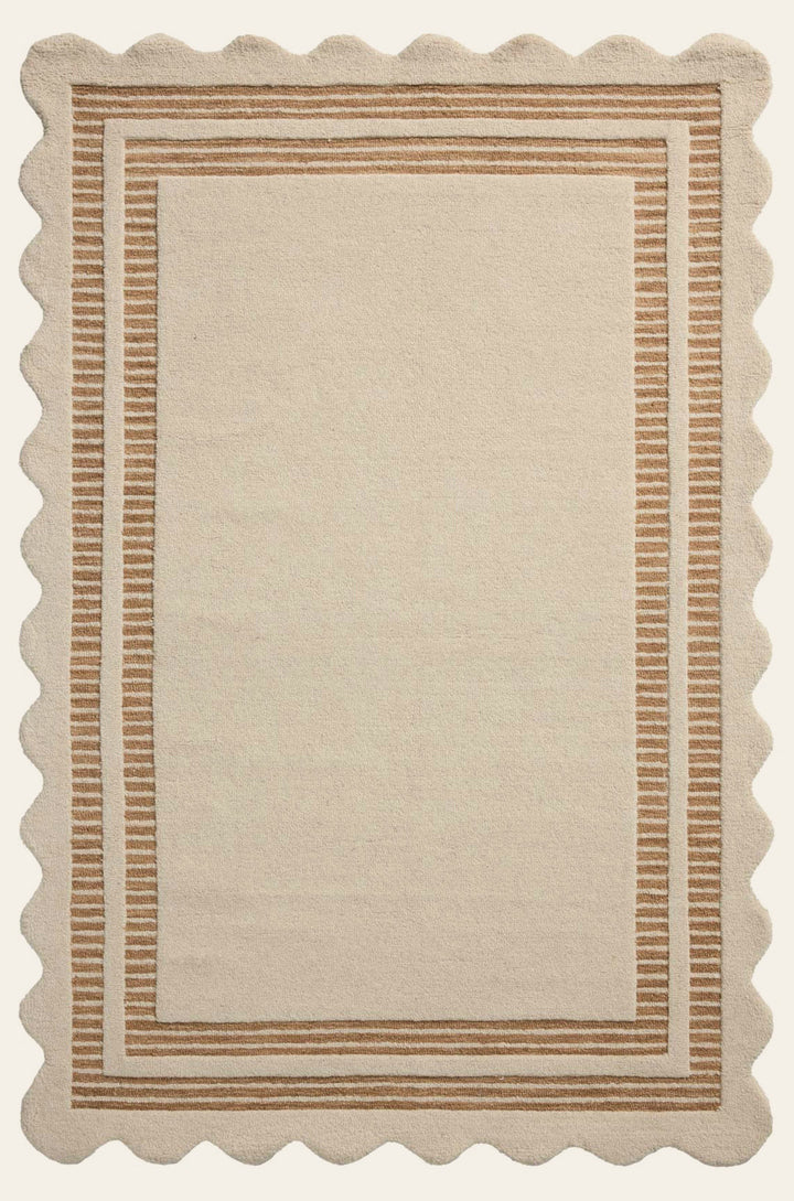 Scottie Hand Tufted Rug in CJ Ivory/Rust full view showing the plush wool pile and scalloped striped border - Chris Loves Julia x Loloi - Whats New Furniture Portland OR
