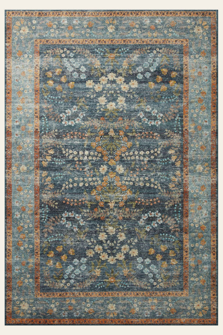 Palais Rug in Navy full view showing Anna Bond's painted florals on a deep navy ground - Rifle Paper Co. x Loloi - Whats New Furniture Portland OR