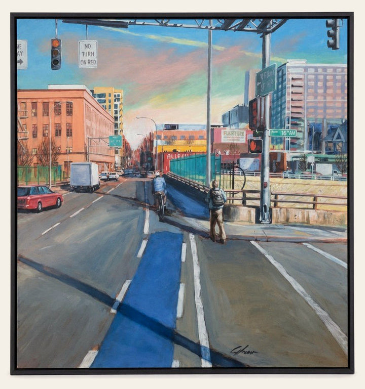 Multicolor framed original print depicting Glisan and 16th in Portland Oregon