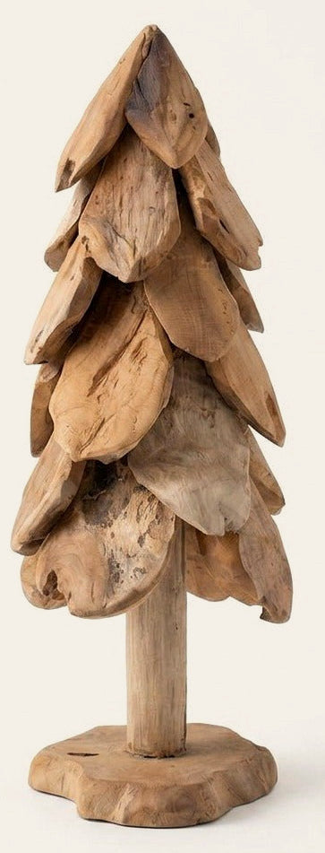 Small rustic teak Christmas tree 24 inches tall front view on white - carved wood holiday decor by Kalalou - Whats New Furniture Portland OR