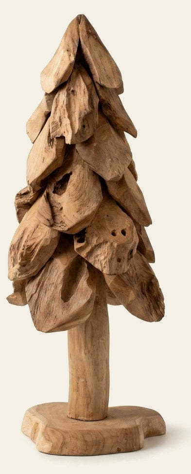 Large rustic teak Christmas tree 32 inches tall front view on white - carved wood holiday decor by Kalalou - Whats New Furniture Portland OR