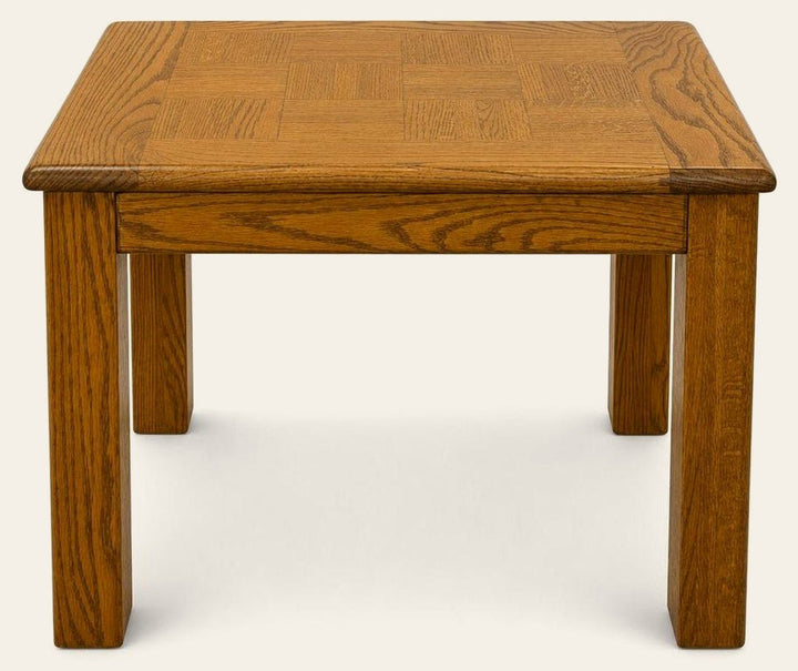 Brown solid wood end table with compact mid-century proportions and visible grain.