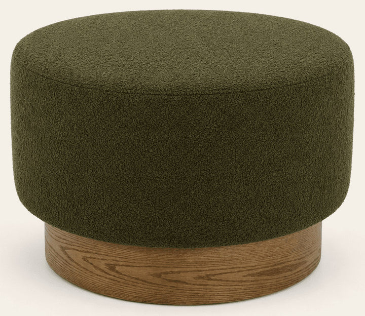 Petra Ottoman in moss green boucle front view - round drum ottoman by Rowe - What's New Furniture Portland OR