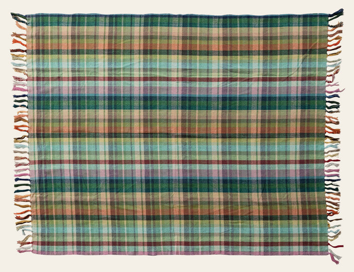Woven Cotton Plaid Throw with Fringe, Multi Color front view - throw blanket by Creative Co-Op - Whats New Furniture Portland OR