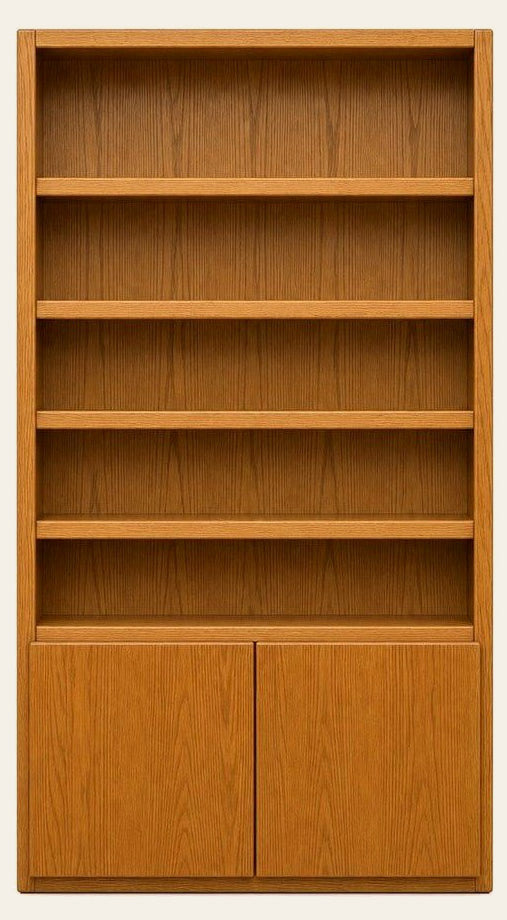 Golden Oak mid-century bookcase with tall open shelves and vertical wood grain.