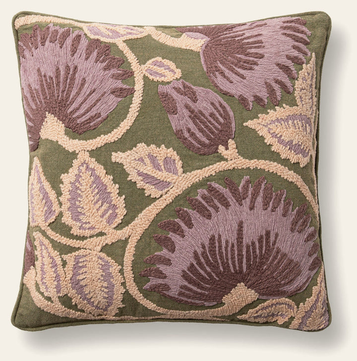 Folly Olive Green Embroidered Throw Pillow front view by Classic Home - Whats New Furniture Portland OR