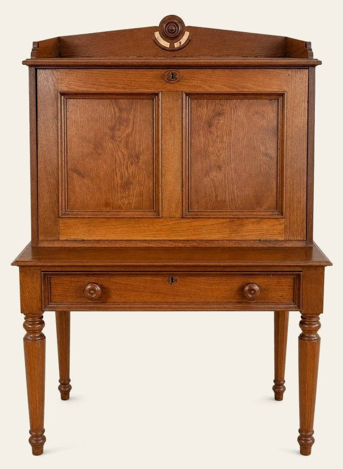 Honey Oak vintage secretary desk with drop-front writing lid and upper cabinet.