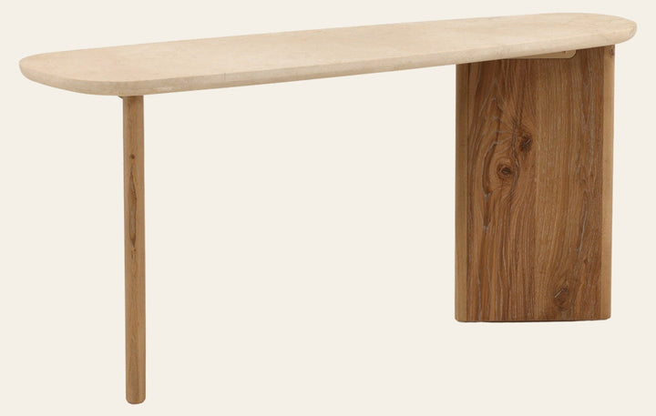 Aelwyn Console Table - Natural Oak & Cream Marble front three-quarter view - Console Tables by Dovetail - Whats New Furniture Portland OR