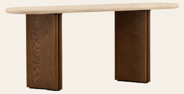 Oja Console Table - Brown Oak & Cream Marble front three-quarter view - Console Tables by Dovetail - Whats New Furniture Portland OR