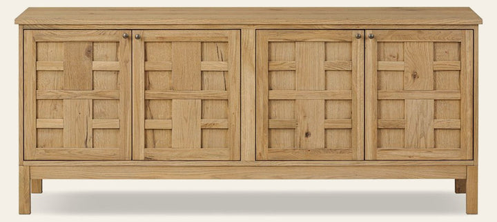 Alessio Media Console in Aged Natural Oak Veneer front studio view - Whats New Furniture Portland OR