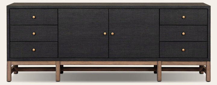 Fiona Media Console in Black Raffia front studio view - Whats New Furniture Portland OR
