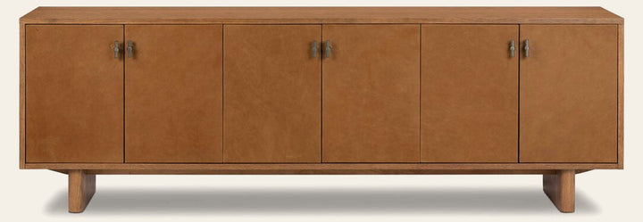 Posada Media Console in Amber Oak Veneer front studio view - Whats New Furniture Portland OR