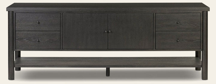 Roark Media Console in Ebony Oak Veneer front studio view - Whats New Furniture Portland OR