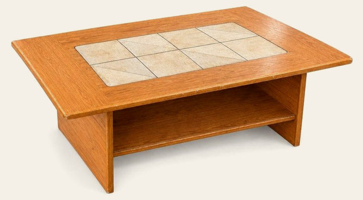 Honey Oak mid-century coffee table with a low rectangular top and simple apron in Gangso Mobler style