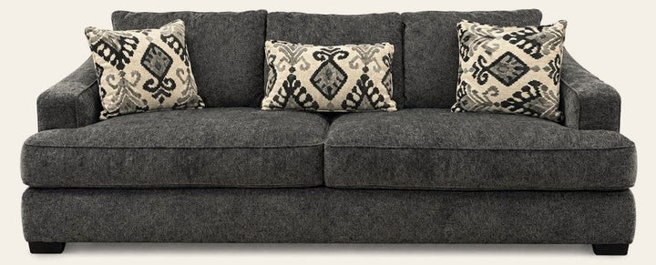 Charcoal gray sofa upholstered in woven Lux fabric by Stanton.