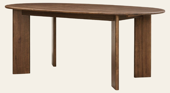 Drego 79-inch Oval Dining Table in Dark Walnut, angled view - Whats New Furniture