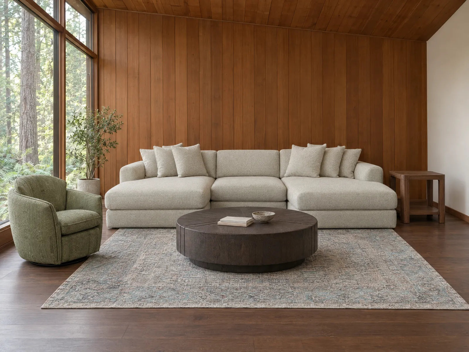 Generated room image: Drift U sectional in Tweetie Linen styled in a West Hills cedar room with a green swivel chair - What's New Furniture Portland