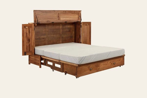 Murphy cabinet bed in Black Walnut, open as a queen bed