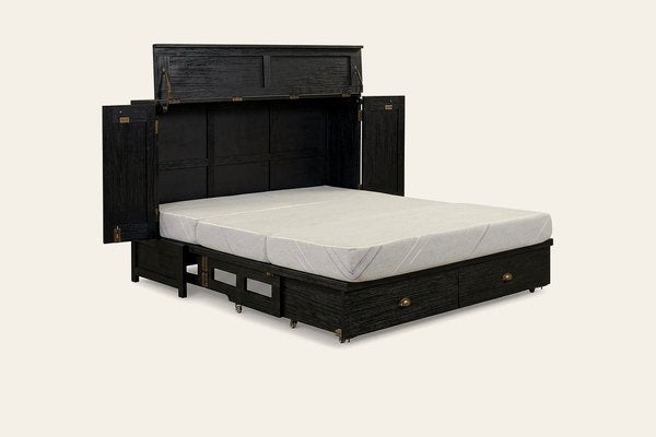 Murphy cabinet bed in Milan Black, open as a queen bed