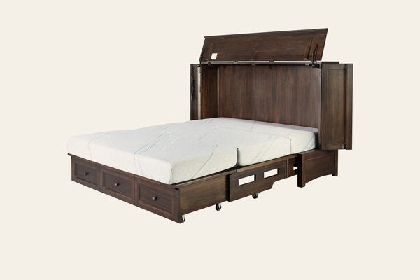 Murphy cabinet bed in New Traditions Espresso, open as a queen bed