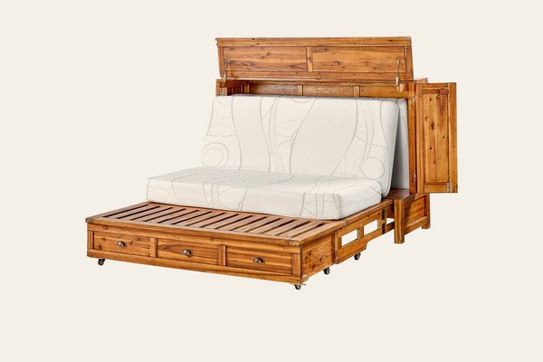 Murphy cabinet bed in Timberline, open as a queen bed