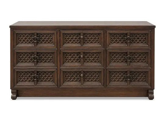 Consigned wood dresser with decorative drawer fronts