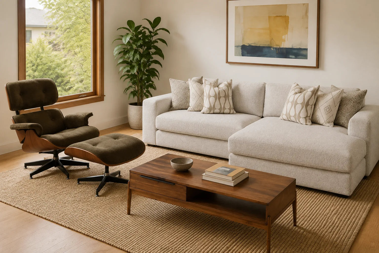 Room styling concept with the Stanton Drift sectional in Fluffy River Rock, Burnside chair and ottoman in Moss Olive, and Remix acacia coffee table