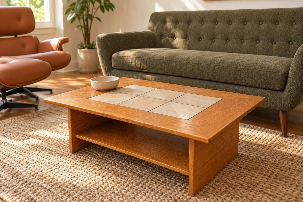 Generated close view of a consigned honey-oak tile-inset coffee table with a new olive Stark sofa and caramel Burnside chair.