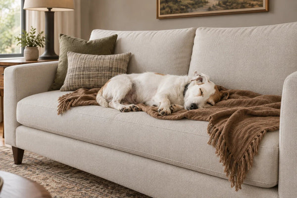 Generated editorial concept of a small white-and-tan terrier sleeping on a brown throw on Stanton’s Ember sofa in Winston Salt.