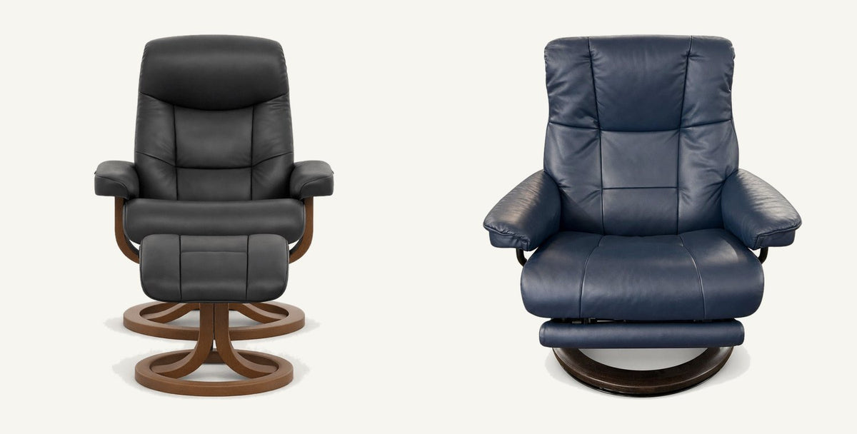 Fjords Muldal Large leather recliner and foot stool beside a navy Stressless power recliner from the What's New Furniture consignment floor