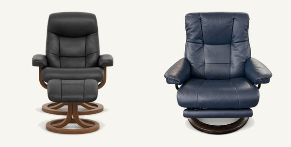Fjords Muldal Large leather recliner and foot stool beside a navy Stressless power recliner from the What's New Furniture consignment floor