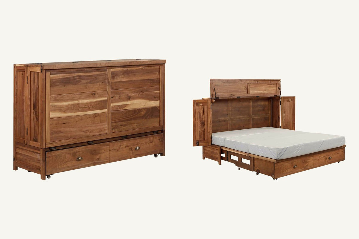 Our Murphy cabinet bed in Black Walnut, closed as a cabinet and opened into a queen bed.
