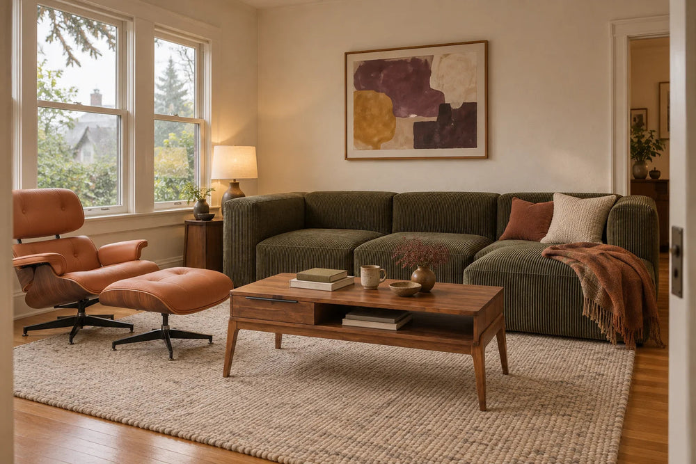 Generated Portland-style living room with olive Fenway sectional, caramel Burnside chair and ottoman, and brown acacia Remix coffee table