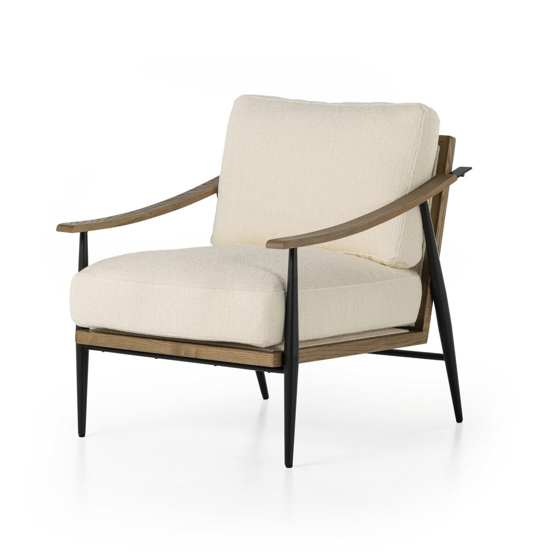 Kennedy Chair in Kerbey Ivory three-quarter view showing sloped wood arms - Whats New Furniture Portland OR