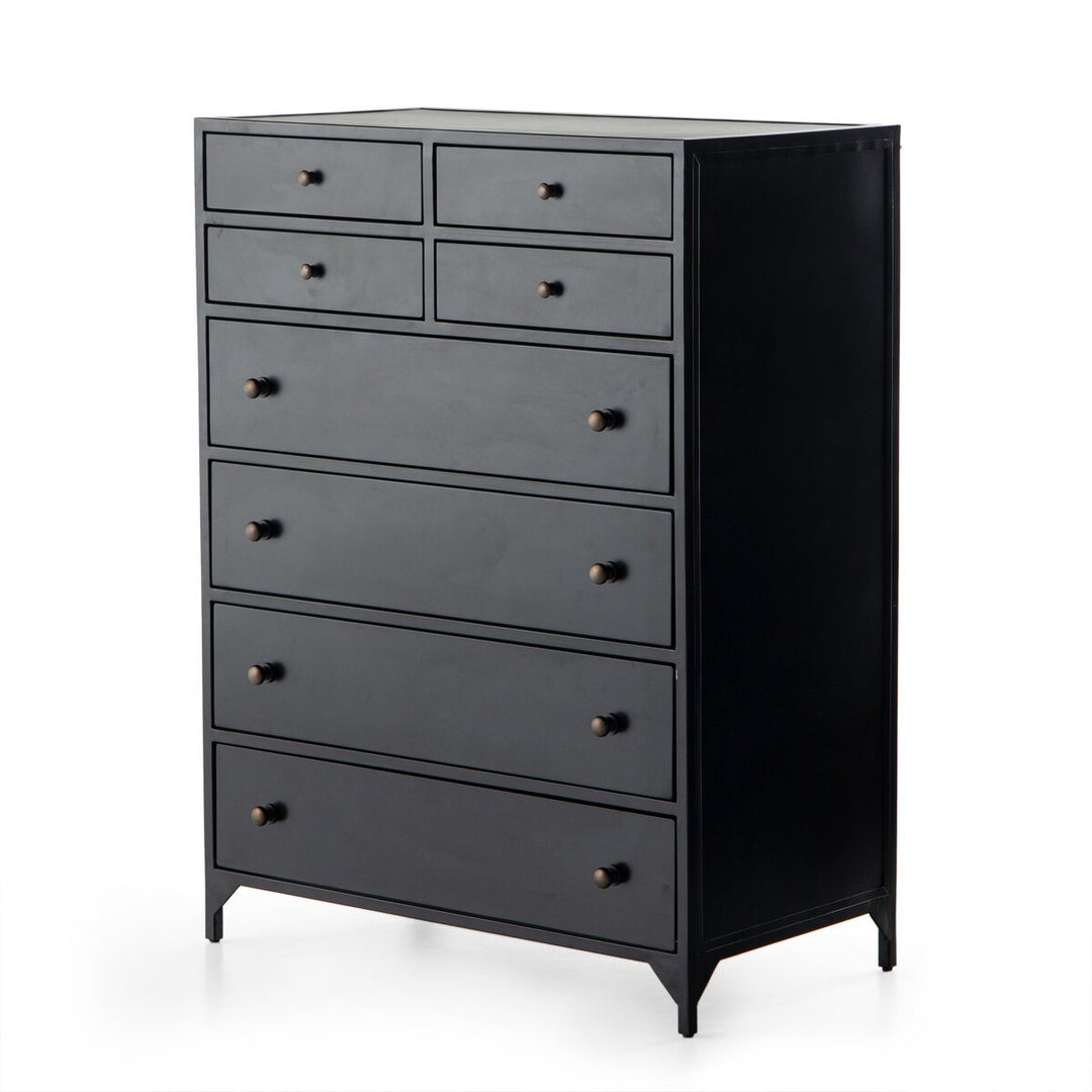 Belmont 8-Drawer Tall Dresser in Black three-quarter view - Whats New Furniture Portland OR