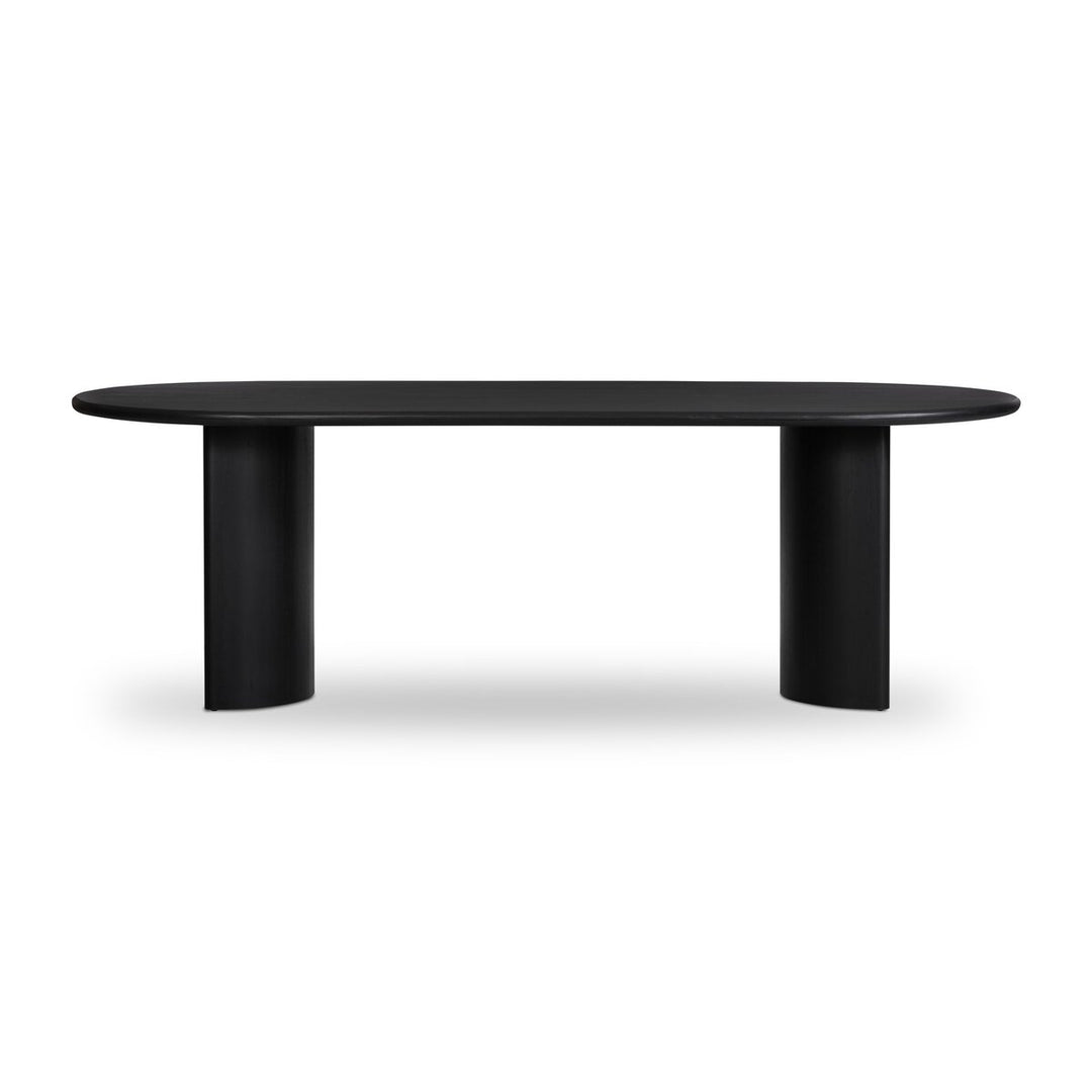 Paden Dining Table in Aged Black Acacia front studio view - Whats New Furniture Portland OR