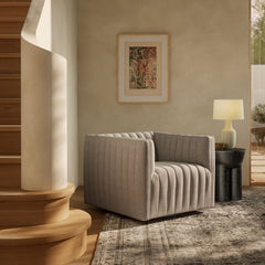 Augustine Swivel Chair in Orly Natural back studio view - Whats New Furniture Portland OR