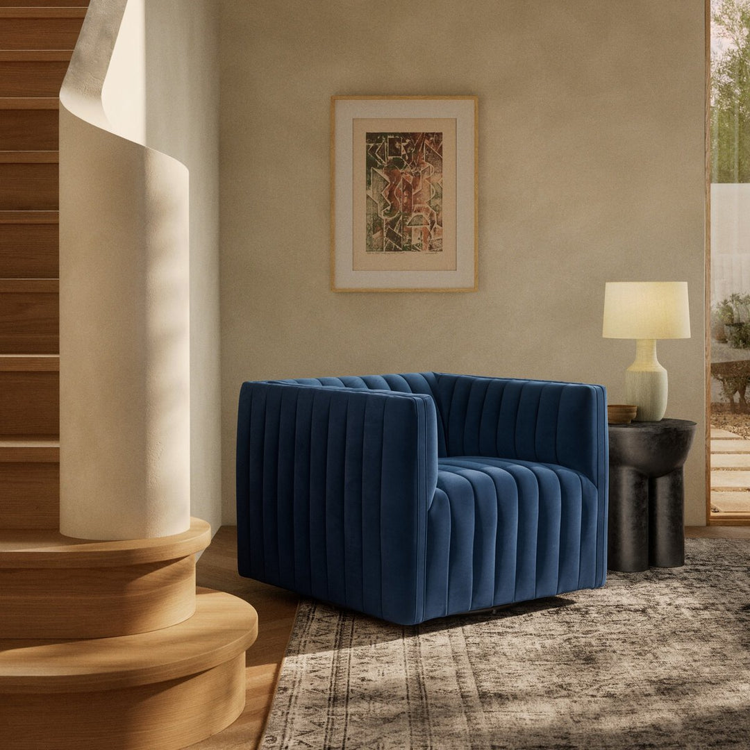 Augustine Swivel Chair in Sapphire Navy detail view - Whats New Furniture Portland OR