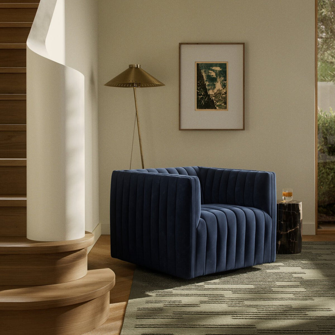 Augustine Swivel Chair in Sapphire Navy back studio view - Whats New Furniture Portland OR