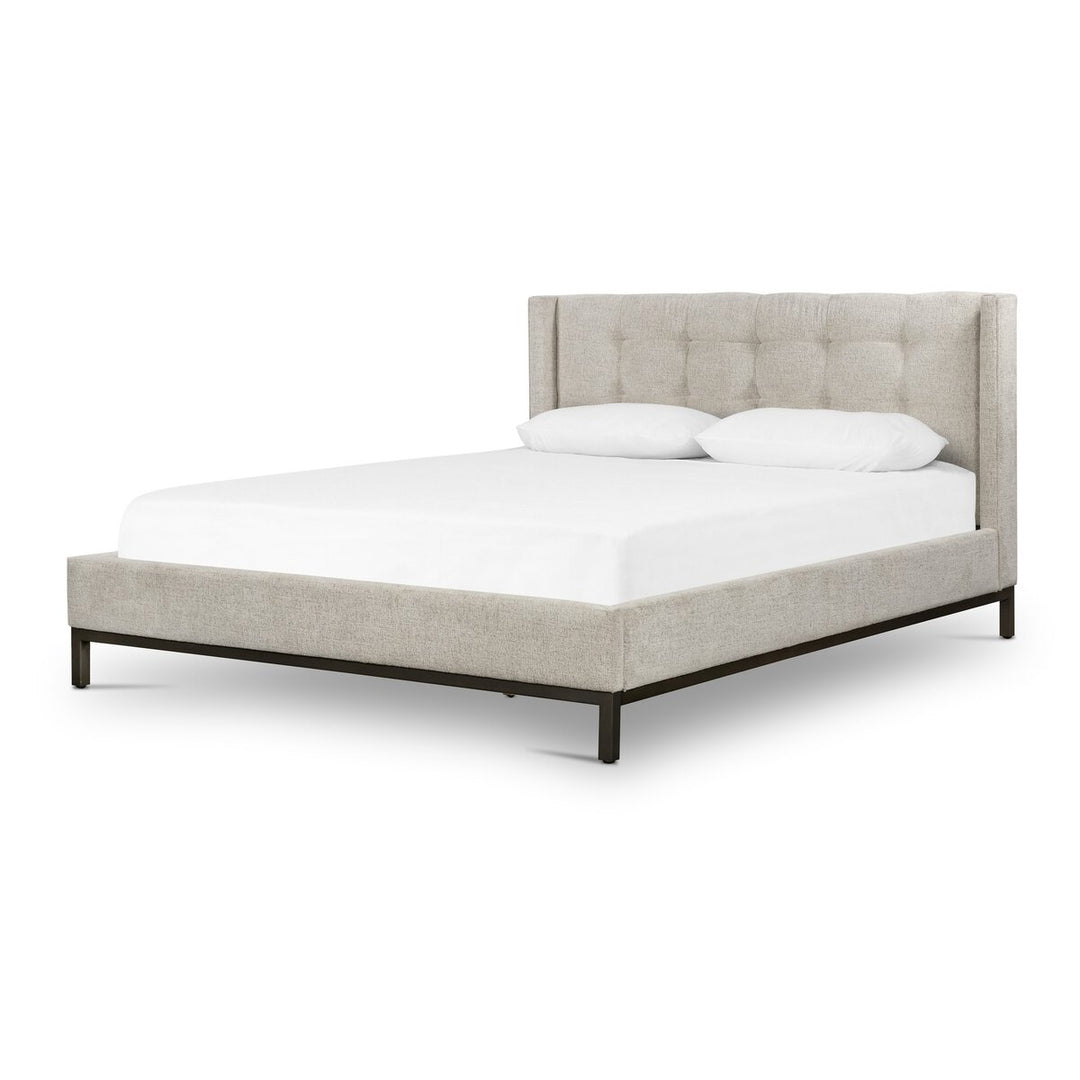 Newhall Bed in Plushtone Linen, Queen, three-quarter view showing tufted headboard - Whats New Furniture Portland OR