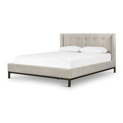 Newhall Bed in Plushtone Linen, Queen, three-quarter view showing tufted headboard - Whats New Furniture Portland OR